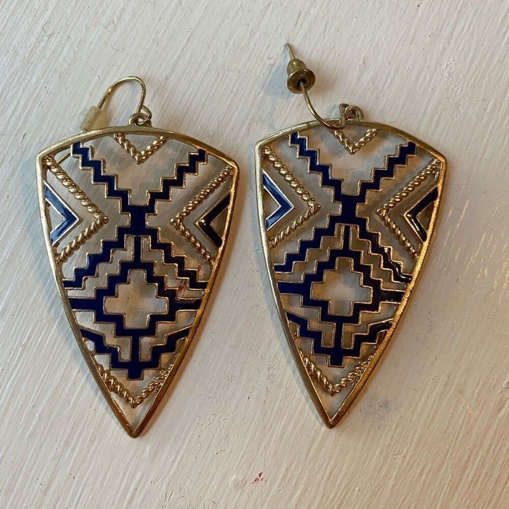 Gold and Navy enamel Art‎ Deco shield earrings - Picture 4 of 4